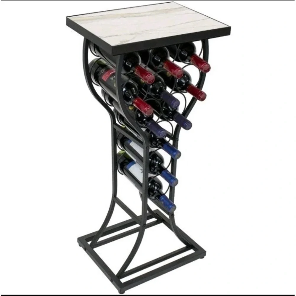 11 Bottle Wine Rack Holder White Top Marble Table Freestanding Wine Display